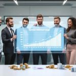 Mehrere Menschen betrachten eine Grafik zum Mindestlohn 2025 mit Eurosymbolen im Büro.