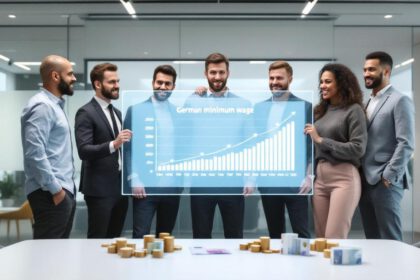 Mehrere Menschen betrachten eine Grafik zum Mindestlohn 2025 mit Eurosymbolen im Büro.