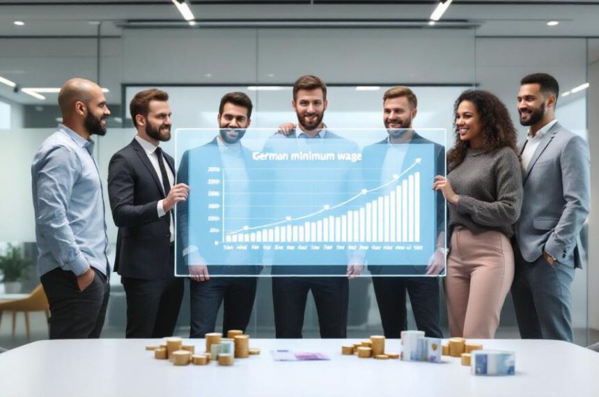 Mehrere Menschen betrachten eine Grafik zum Mindestlohn 2025 mit Eurosymbolen im Büro.