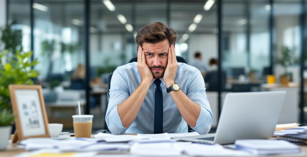 Ein erschöpfter Angestellter am Schreibtisch mit Anzeichen von Burnout im modernen Büro.