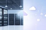 Vergleich zwischen Serverraum als lokale Speicherung und digitaler Cloud-Speicherung, symbolisch dargestellt.