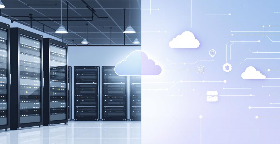 Vergleich zwischen Serverraum als lokale Speicherung und digitaler Cloud-Speicherung, symbolisch dargestellt.
