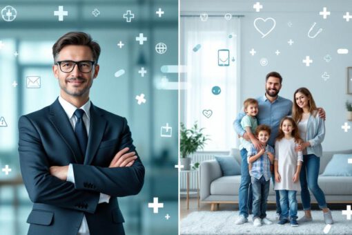 Split-Bild mit einem Geschäftsmann und einer Familie, umgeben von Symbolen für Krankenversicherung in Deutschland.