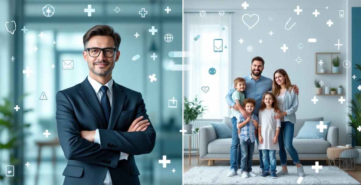 Split-Bild mit einem Geschäftsmann und einer Familie, umgeben von Symbolen für Krankenversicherung in Deutschland.