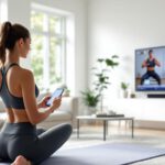 Person trainiert zuhause mit Sport-App auf dem Smartphone und Wearable