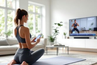 Person trainiert zuhause mit Sport-App auf dem Smartphone und Wearable