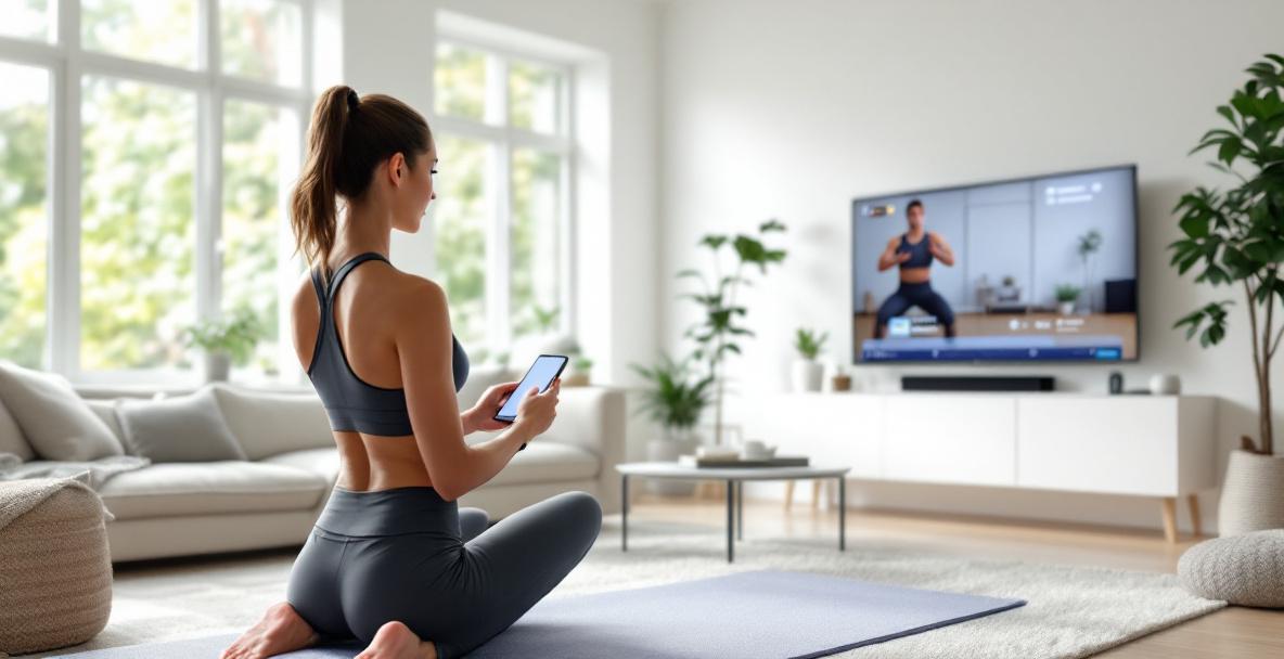 Person trainiert zuhause mit Sport-App auf dem Smartphone und Wearable