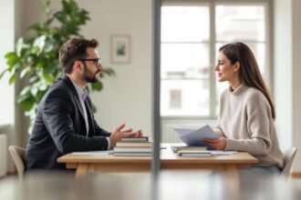 Ein Psychologe und ein Psychotherapeut in einem deutschen Beratungszimmer, getrennt dargestellt, jeweils mit charakteristischen Arbeitsmaterialien.