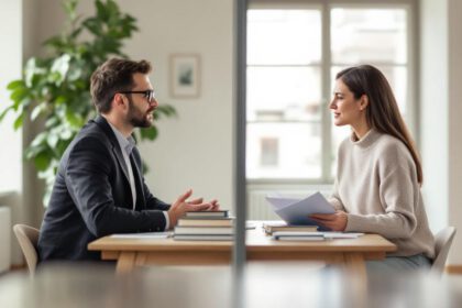 Ein Psychologe und ein Psychotherapeut in einem deutschen Beratungszimmer, getrennt dargestellt, jeweils mit charakteristischen Arbeitsmaterialien.