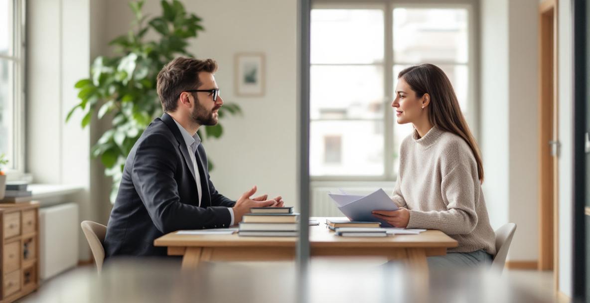 Ein Psychologe und ein Psychotherapeut in einem deutschen Beratungszimmer, getrennt dargestellt, jeweils mit charakteristischen Arbeitsmaterialien.