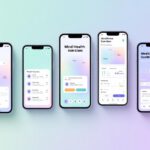 Verschiedene Smartphones zeigen Interfaces der besten mentalen Gesundheit Apps 2025 auf neutralem Hintergrund.