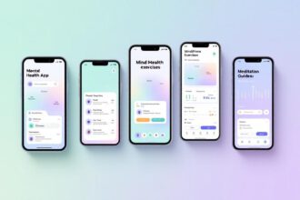 Verschiedene Smartphones zeigen Interfaces der besten mentalen Gesundheit Apps 2025 auf neutralem Hintergrund.