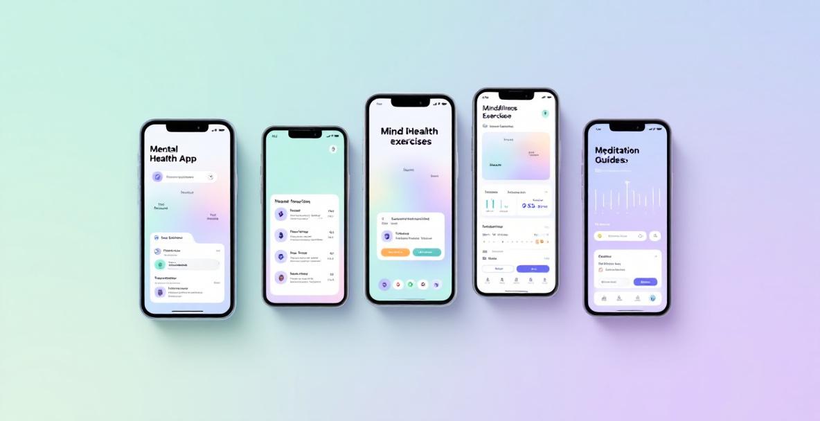 Verschiedene Smartphones zeigen Interfaces der besten mentalen Gesundheit Apps 2025 auf neutralem Hintergrund.