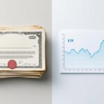 Symbolhafte Darstellung: Links Aktienzertifikate, rechts modernes ETF-Diagramm.