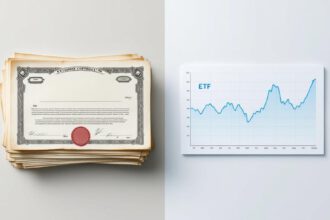 Symbolhafte Darstellung: Links Aktienzertifikate, rechts modernes ETF-Diagramm.