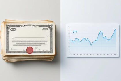 Symbolhafte Darstellung: Links Aktienzertifikate, rechts modernes ETF-Diagramm.