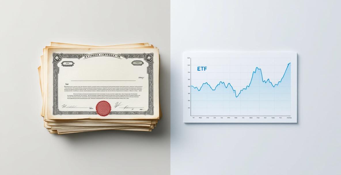Symbolhafte Darstellung: Links Aktienzertifikate, rechts modernes ETF-Diagramm.