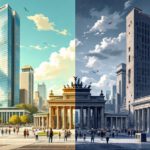 Symbolischer Vergleich: Helle offene Demokratie mit Bürgern gegenüber dunkler, abgeschotteter Diktatur.