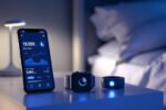 Smartphone mit Schlaf-Tracking-App, Smartwatch und Schlafring auf Nachttisch vor ruhigem Schlafzimmerambiente 2025