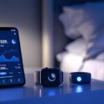 Smartphone mit Schlaf-Tracking-App, Smartwatch und Schlafring auf Nachttisch vor ruhigem Schlafzimmerambiente 2025
