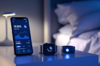 Smartphone mit Schlaf-Tracking-App, Smartwatch und Schlafring auf Nachttisch vor ruhigem Schlafzimmerambiente 2025
