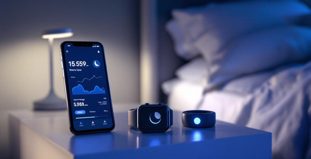 Smartphone mit Schlaf-Tracking-App, Smartwatch und Schlafring auf Nachttisch vor ruhigem Schlafzimmerambiente 2025