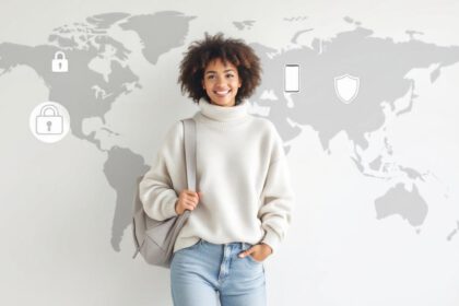 Eine selbstbewusste Frau mit Rucksack vor einer Weltkarte und Sicherheits-Symbolen – Symbolbild für sicheres Reisen alleinreisender Frauen.