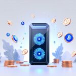 Computergestützte Mining-Hardware mit leuchtenden Grafikkarten und digitalen Bitcoins, verbunden durch Blockchain-Grafiken.