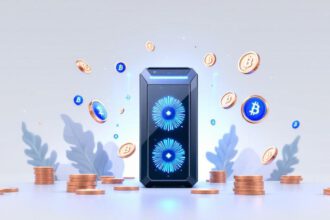 Computergestützte Mining-Hardware mit leuchtenden Grafikkarten und digitalen Bitcoins, verbunden durch Blockchain-Grafiken.