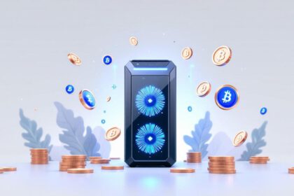Computergestützte Mining-Hardware mit leuchtenden Grafikkarten und digitalen Bitcoins, verbunden durch Blockchain-Grafiken.
