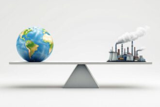 Waage mit Erde auf der einen und Industrieemissionen auf der anderen Seite als Symbol für Klimaneutralität.
