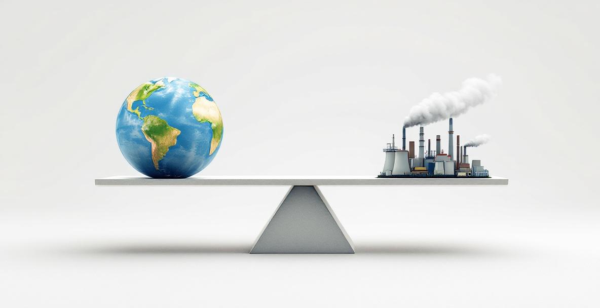 Waage mit Erde auf der einen und Industrieemissionen auf der anderen Seite als Symbol für Klimaneutralität.