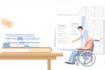 Illustration zur deutschen Pflegeversicherung mit Dokumenten, pflegebedürftiger Person und deutscher Flagge