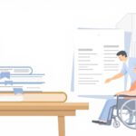 Illustration zur deutschen Pflegeversicherung mit Dokumenten, pflegebedürftiger Person und deutscher Flagge
