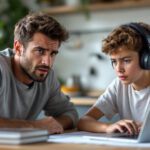 Eine besorgte Mutter beobachtet ihr Kind, das am Laptop sitzt – Prävention gegen Cybermobbing daheim.