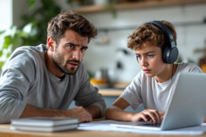 Eine besorgte Mutter beobachtet ihr Kind, das am Laptop sitzt – Prävention gegen Cybermobbing daheim.