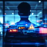 Illustration einer anonymen Person am Laptop mit digitalen Warnzeichen als Symbol für Cyberstalking-Erkennung und Prävention.