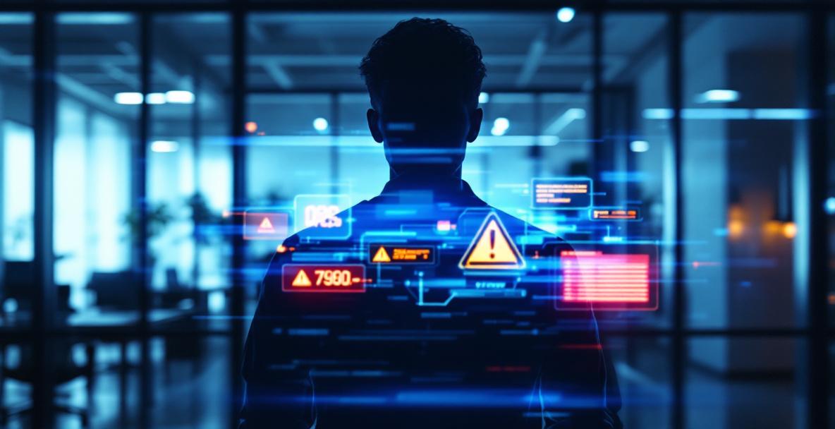 Illustration einer anonymen Person am Laptop mit digitalen Warnzeichen als Symbol für Cyberstalking-Erkennung und Prävention.