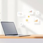 Illustration von passivem Einkommen mit Laptop, wachsenden Geldpflanzen und Finanzsymbolen.