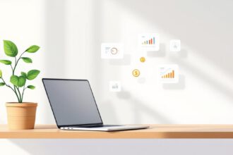 Illustration von passivem Einkommen mit Laptop, wachsenden Geldpflanzen und Finanzsymbolen.
