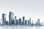 Illustration einer deutschen Skyline mit digitalen Netzwerken und einem Cybersecurity-Schutzschild als Symbol für Versicherungen.