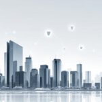 Illustration einer deutschen Skyline mit digitalen Netzwerken und einem Cybersecurity-Schutzschild als Symbol für Versicherungen.