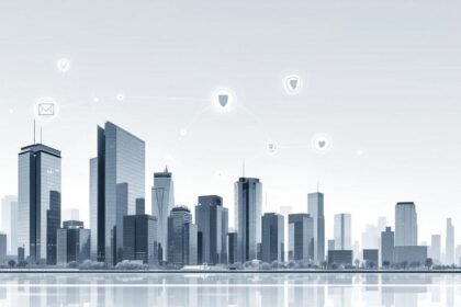 Illustration einer deutschen Skyline mit digitalen Netzwerken und einem Cybersecurity-Schutzschild als Symbol für Versicherungen.