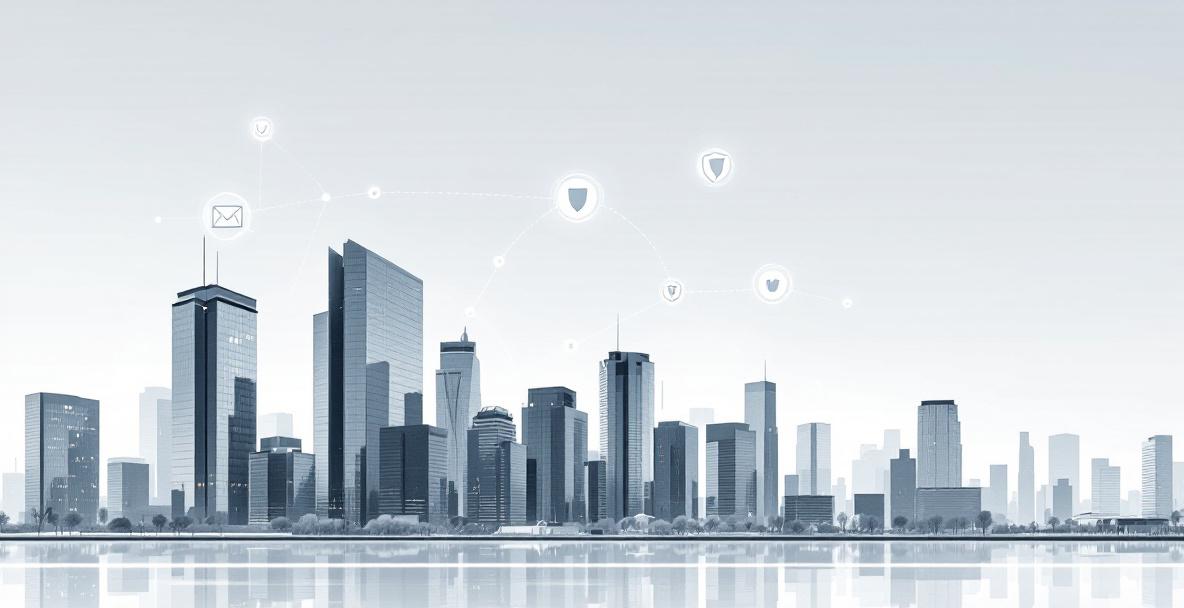 Illustration einer deutschen Skyline mit digitalen Netzwerken und einem Cybersecurity-Schutzschild als Symbol für Versicherungen.