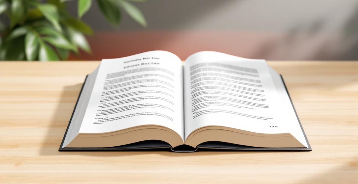 Offenes Grundgesetz-Buch auf Schreibtisch mit angedeuteter deutscher Flagge im Hintergrund.