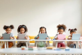 Mehrere Kinder spielen 2025 konzentriert und fröhlich kostenlose Lernspiele auf Tablets in einer modernen Lernumgebung.