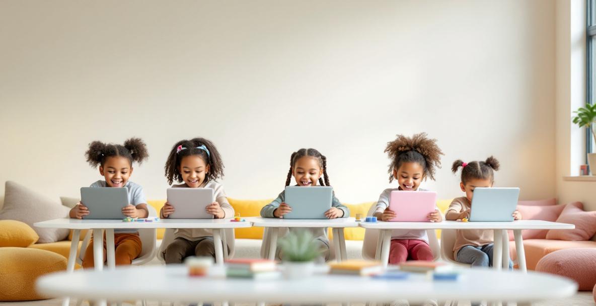 Mehrere Kinder spielen 2025 konzentriert und fröhlich kostenlose Lernspiele auf Tablets in einer modernen Lernumgebung.