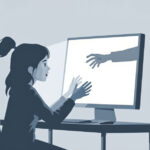 Illustration eines Jugendlichen am Computer, während eine schemenhafte Gestalt aus dem Bildschirm auftaucht – Symbol für die Gefahr von Cyber Grooming.