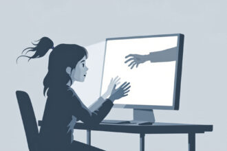 Illustration eines Jugendlichen am Computer, während eine schemenhafte Gestalt aus dem Bildschirm auftaucht – Symbol für die Gefahr von Cyber Grooming.