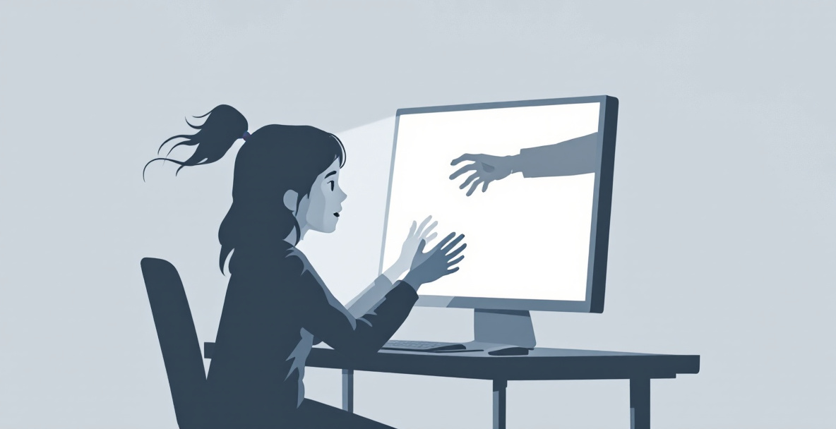 Illustration eines Jugendlichen am Computer, während eine schemenhafte Gestalt aus dem Bildschirm auftaucht – Symbol für die Gefahr von Cyber Grooming.
